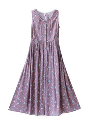 Unique Purple Print Dresses O-Neck Button Summer Sleeveless Dress - bagstylebliss
