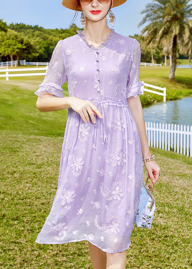 Unique Purple Ruffled Embroideried Button Silk Dresses Short Sleeve