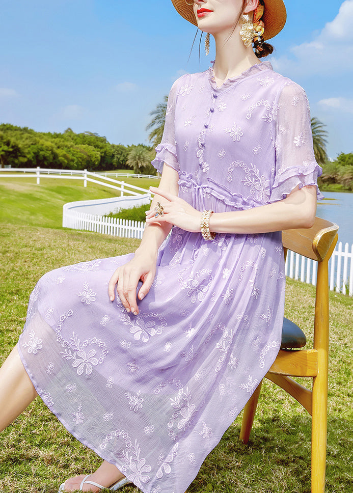 Unique Purple Ruffled Embroideried Button Silk Dresses Short Sleeve