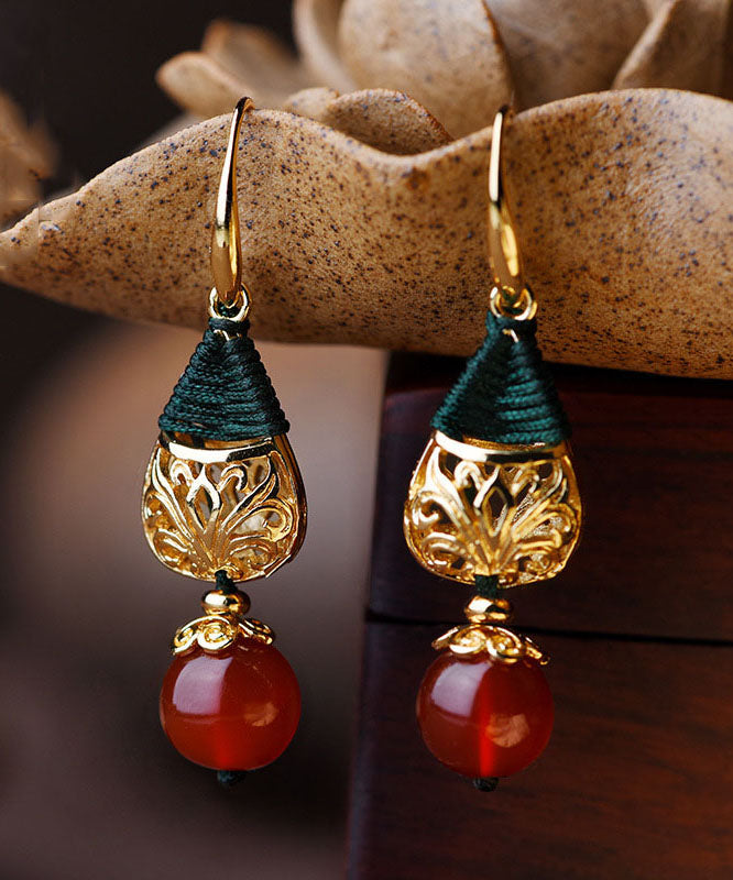 Unique Red Agate Droplet Shape 14K Gold Drop Earrings