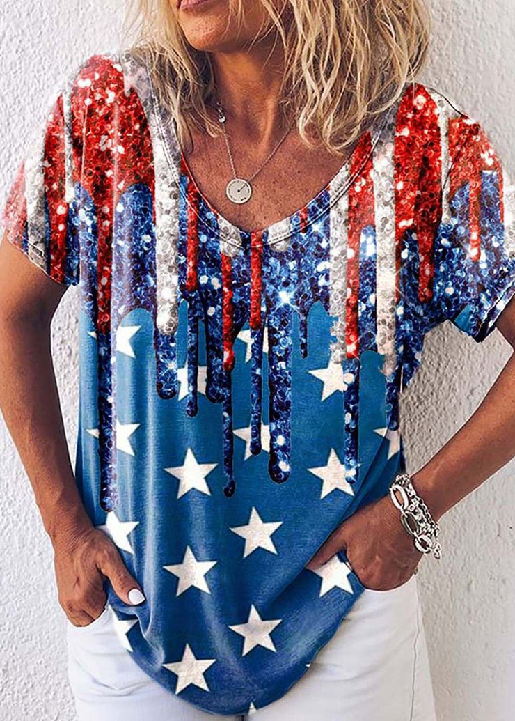 Unique Red Blue V Neck Stars Print Cotton Beach Tanks Short Sleeve