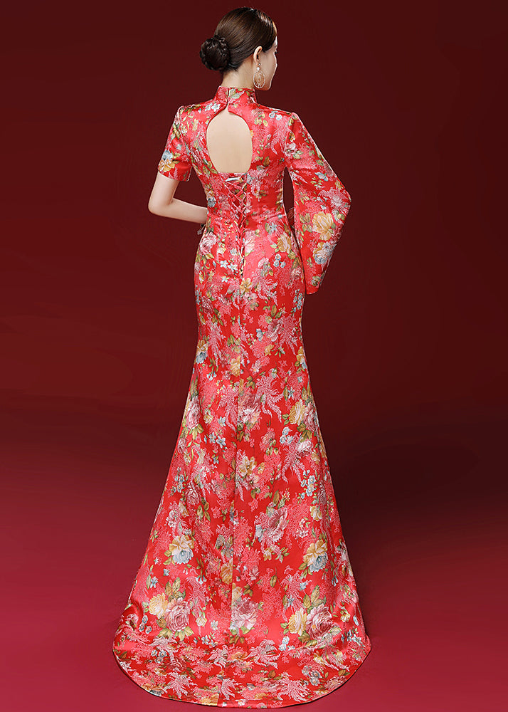 Unique Red Embroidered Side Open Patchwork Silk Dresses Fall