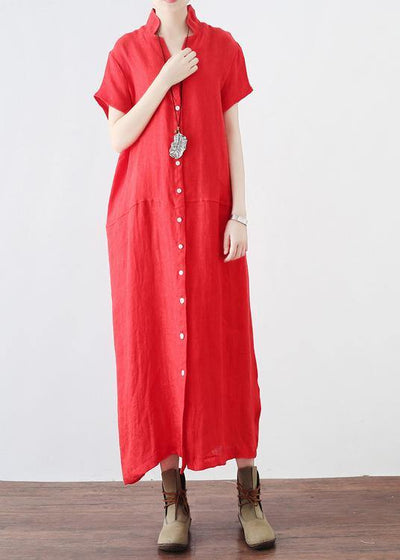 Unique Red Low High Design V Neck Linen Summer Robe - bagstylebliss