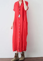 Unique Red Low High Design V Neck Linen Summer Robe - bagstylebliss