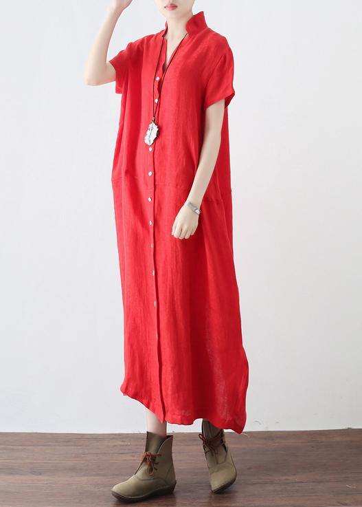 Unique Red Low High Design V Neck Linen Summer Robe - bagstylebliss