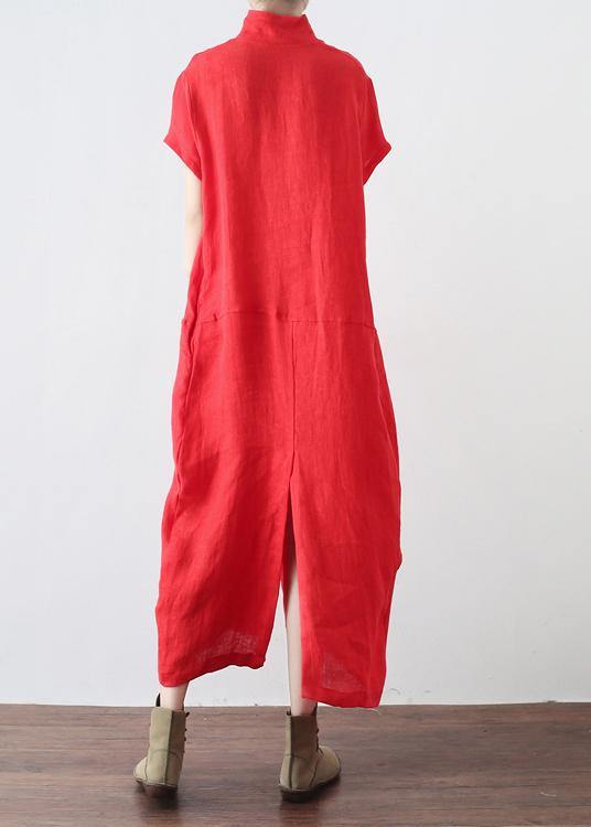 Unique Red Low High Design V Neck Linen Summer Robe - bagstylebliss