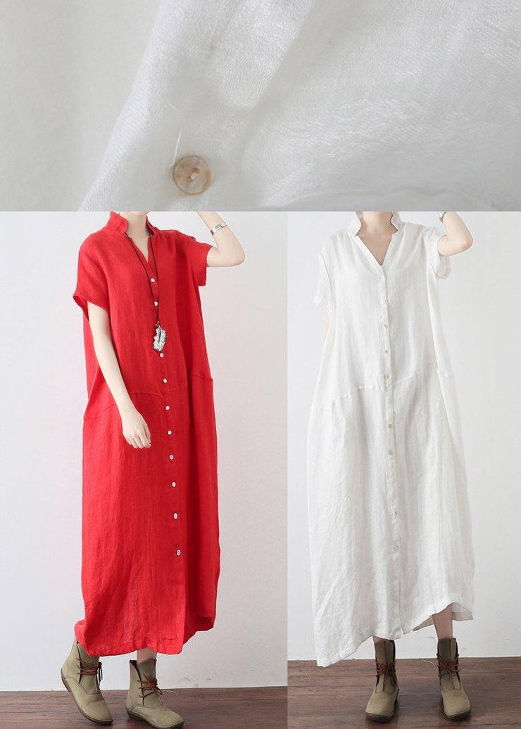 Unique Red Low High Design V Neck Linen Summer Robe - bagstylebliss