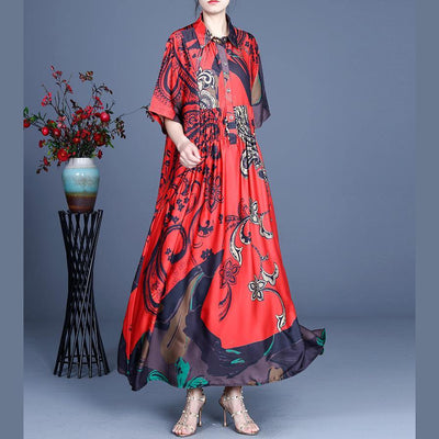 Unique Red Print asymmetrical design Mid Dress Summer Silk - bagstylebliss