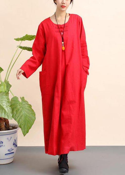 Unique Red Tunics O Neck Pockets Robe Spring Dresses - bagstylebliss