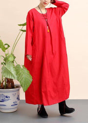 Unique Red Tunics O Neck Pockets Robe Spring Dresses - bagstylebliss