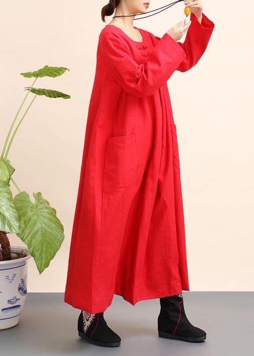 Unique Red Tunics O Neck Pockets Robe Spring Dresses - bagstylebliss