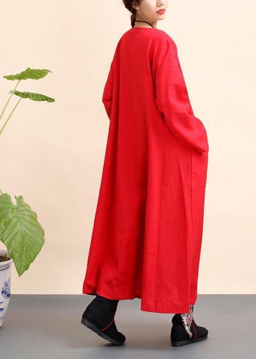 Unique Red Tunics O Neck Pockets Robe Spring Dresses - bagstylebliss