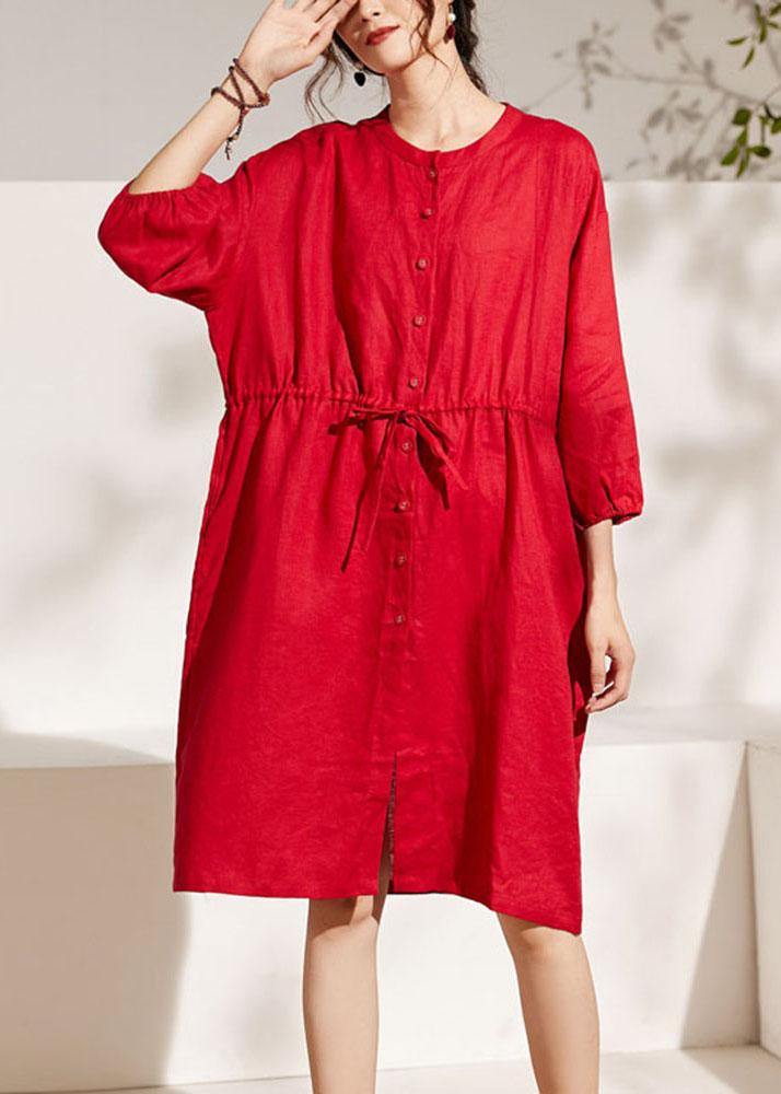 Unique Red lantern Sleeve Tie waist Button Summer Ramie Vacation Dresses Half Sleeve - bagstylebliss