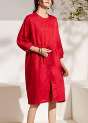 Unique Red lantern Sleeve Tie waist Button Summer Ramie Vacation Dresses Half Sleeve - bagstylebliss