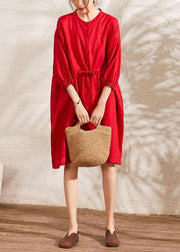 Unique Red lantern Sleeve Tie waist Button Summer Ramie Vacation Dresses Half Sleeve - bagstylebliss