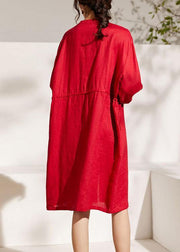 Unique Red lantern Sleeve Tie waist Button Summer Ramie Vacation Dresses Half Sleeve - bagstylebliss