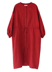Unique Red lantern Sleeve Tie waist Button Summer Ramie Vacation Dresses Half Sleeve - bagstylebliss