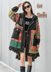 Unique Retro Plaid Button Pockets Fall Long Sleeve Hooded Coat