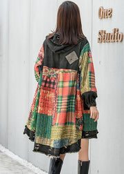 Unique Retro Plaid Button Pockets Fall Long Sleeve Hooded Coat