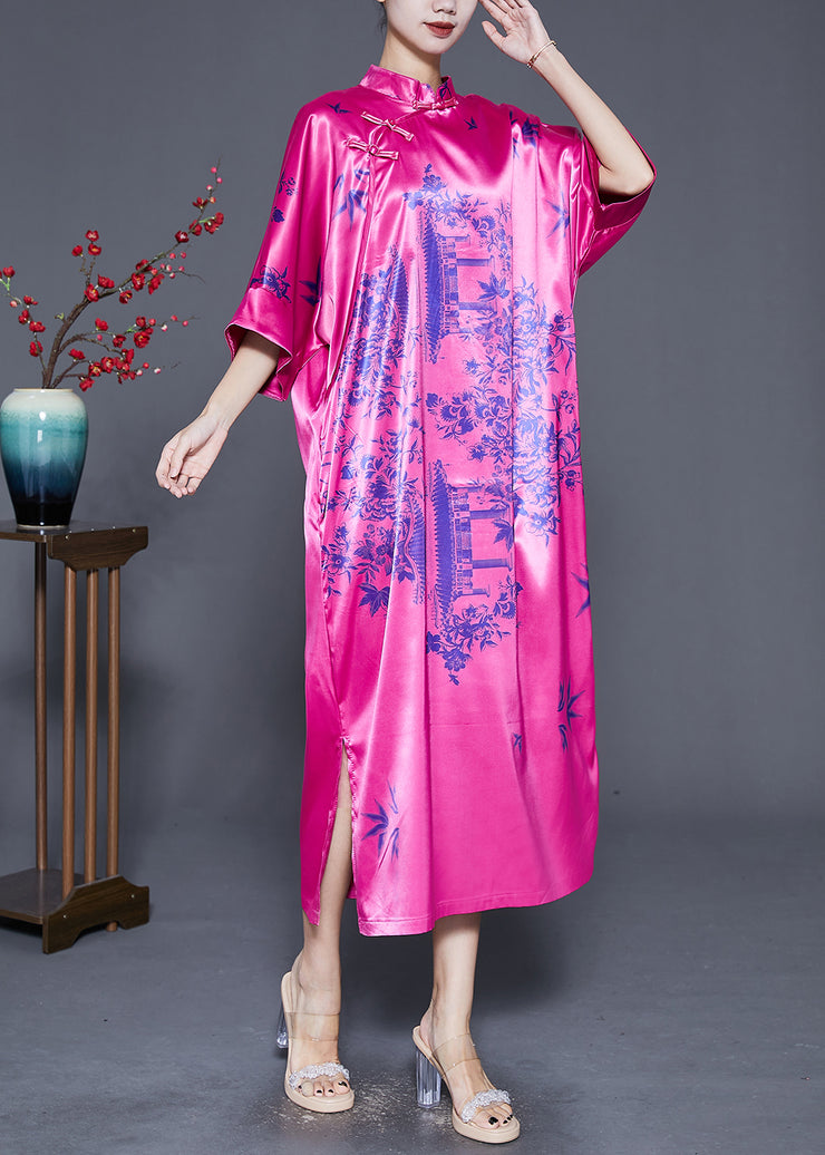 Unique Rose Print Silk Chinese Style Cheongsam Dress Summer