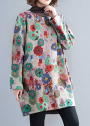 Unique Rose Turtle Neck Print Warm Fleece Mini Dress Winter