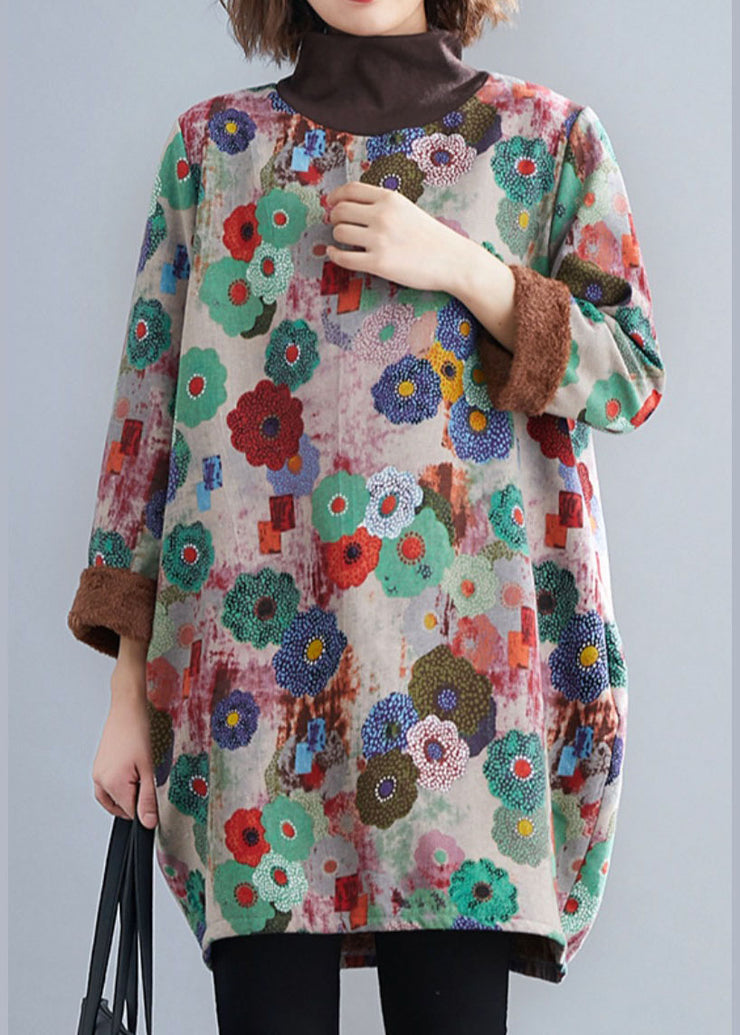 Unique Rose Turtle Neck Print Warm Fleece Mini Dress Winter