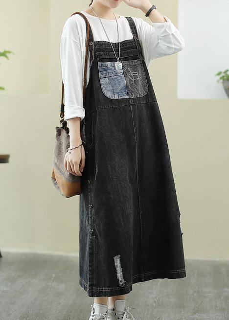 Unique Slash neck Hole Long dress Sewing denim black Plus Size Dress - bagstylebliss