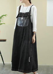 Unique Slash neck Hole Long dress Sewing denim black Plus Size Dress - bagstylebliss