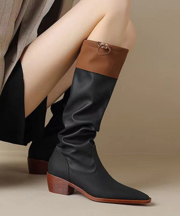 Unique Splicing Chunky Boots Black Cowhide Leather Pointed Toe