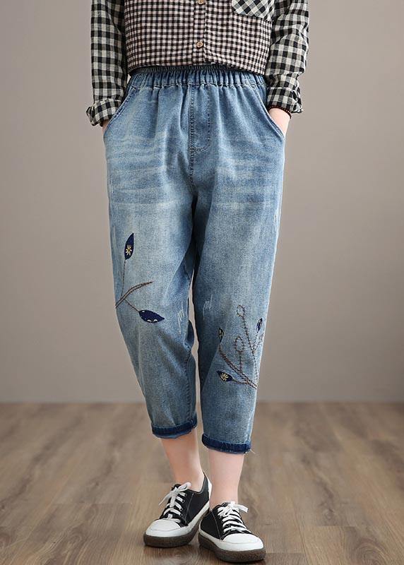 Unique Spring Trousers Casual Denim Blue Wardrobes Elastic Waist Leaf Pant - bagstylebliss