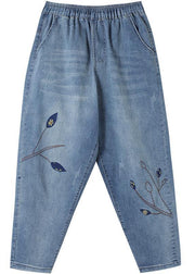 Unique Spring Trousers Casual Denim Blue Wardrobes Elastic Waist Leaf Pant - bagstylebliss