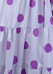 Unique Stand Collar Cinched Spring Outfit Photography Purple Dotted Loose Dresses - bagstylebliss