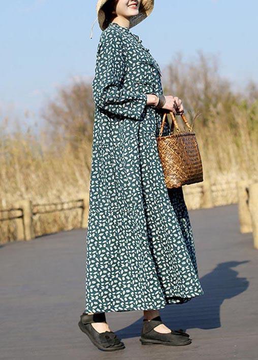 Unique Stand Collar Patchwork Spring Tunics Lnspiration Green Print Maxi Dresses - bagstylebliss