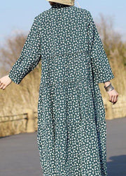 Unique Stand Collar Patchwork Spring Tunics Lnspiration Green Print Maxi Dresses - bagstylebliss