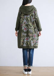 Unique Tea Green Hooded Print Cotton Shift Dress Spring