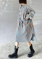 Unique Tie Waist Button Side Open Fall Striped Dress Long sleeve - bagstylebliss