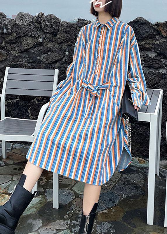 Unique Tie Waist Button Side Open Fall Striped Dress Long sleeve - bagstylebliss