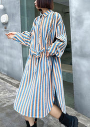 Unique Tie Waist Button Side Open Fall Striped Dress Long sleeve - bagstylebliss