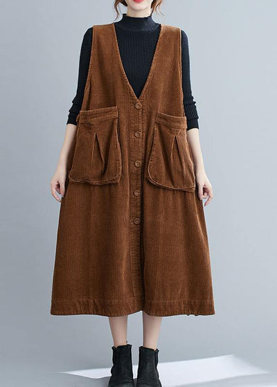 Unique V Neck Sleeveless cotton Spring Dresses Lnspiration Brown Robe Dress - bagstylebliss