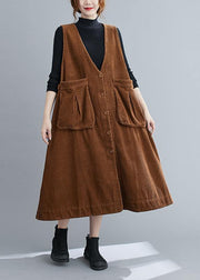 Unique V Neck Sleeveless cotton Spring Dresses Lnspiration Brown Robe Dress - bagstylebliss