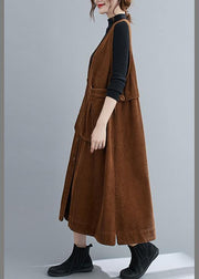 Unique V Neck Sleeveless cotton Spring Dresses Lnspiration Brown Robe Dress - bagstylebliss