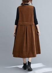 Unique V Neck Sleeveless cotton Spring Dresses Lnspiration Brown Robe Dress - bagstylebliss