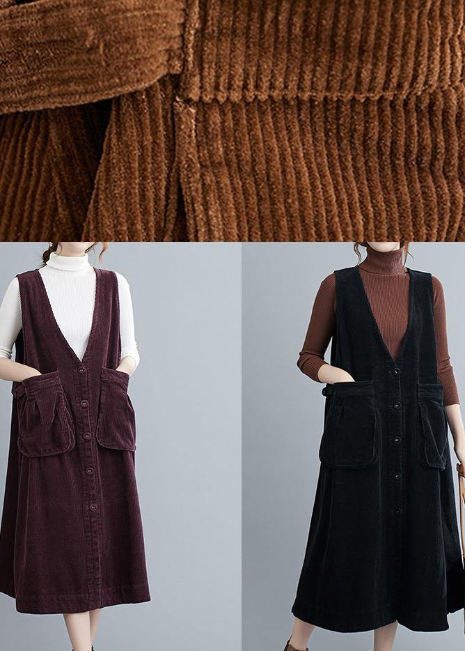 Unique V Neck Sleeveless cotton Spring Dresses Lnspiration Brown Robe Dress - bagstylebliss