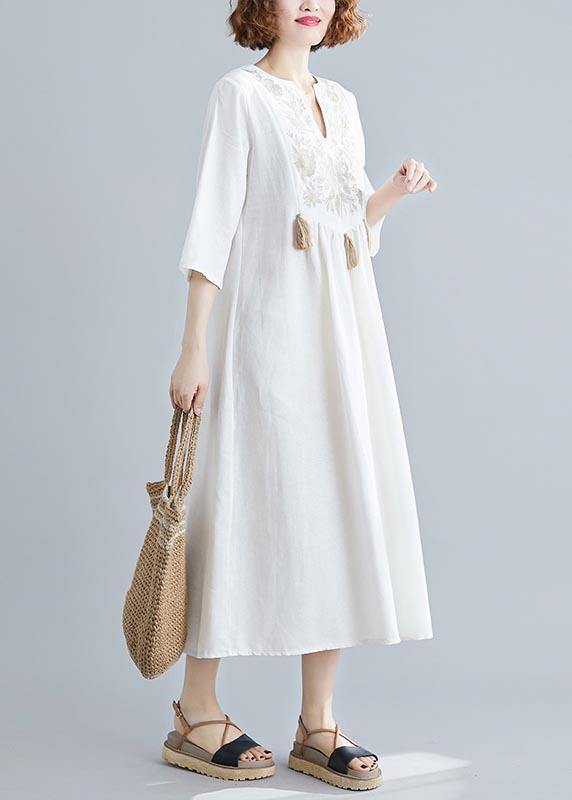 Unique V Neck Tassel Spring White Loose Linen Dress - bagstylebliss