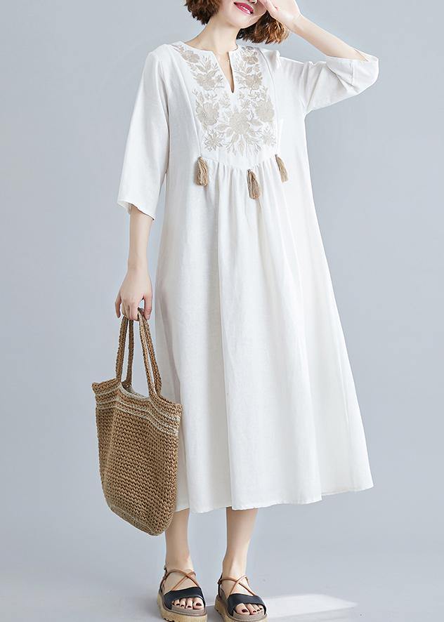 Unique V Neck Tassel Spring White Loose Linen Dress - bagstylebliss