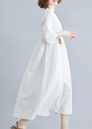 Unique V Neck Tassel Spring White Loose Linen Dress - bagstylebliss