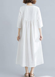 Unique V Neck Tassel Spring White Loose Linen Dress - bagstylebliss