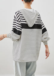 Unique White Oversized Striped Cotton Pullover Sweatshirt Fall