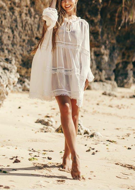 Unique White Patchwork Hollow Out Beach Gown Robe  Chiffon Dress - bagstylebliss