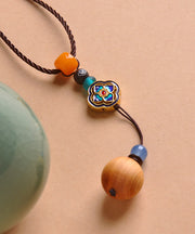 Unique Yellow Cloisonne Enamel Beeswax Chalcedony Clover Pendant Necklace